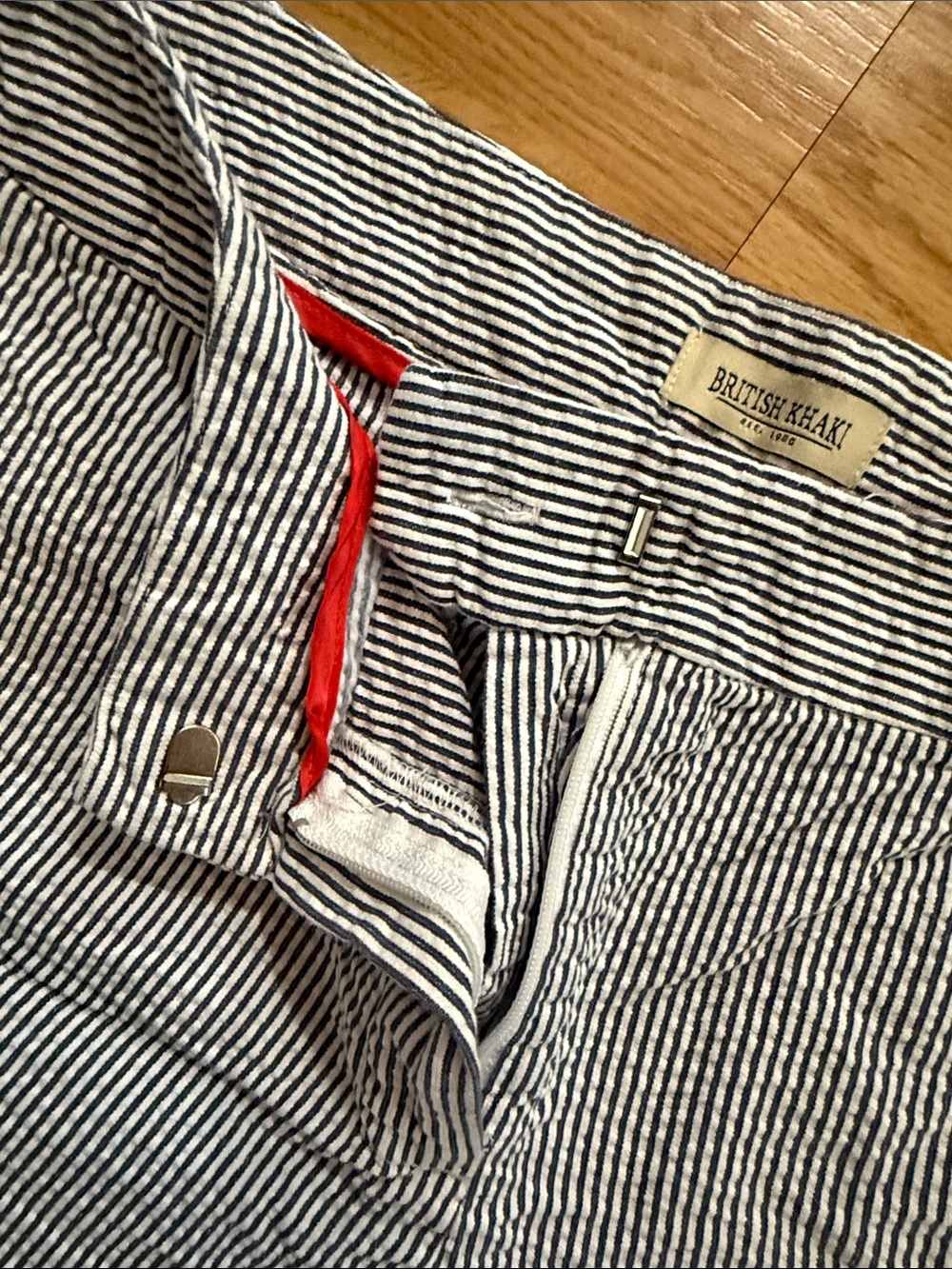 British Khaki Blue and White Striped Scallop-Hem High Waist Shorts - Picture 3 of 5
